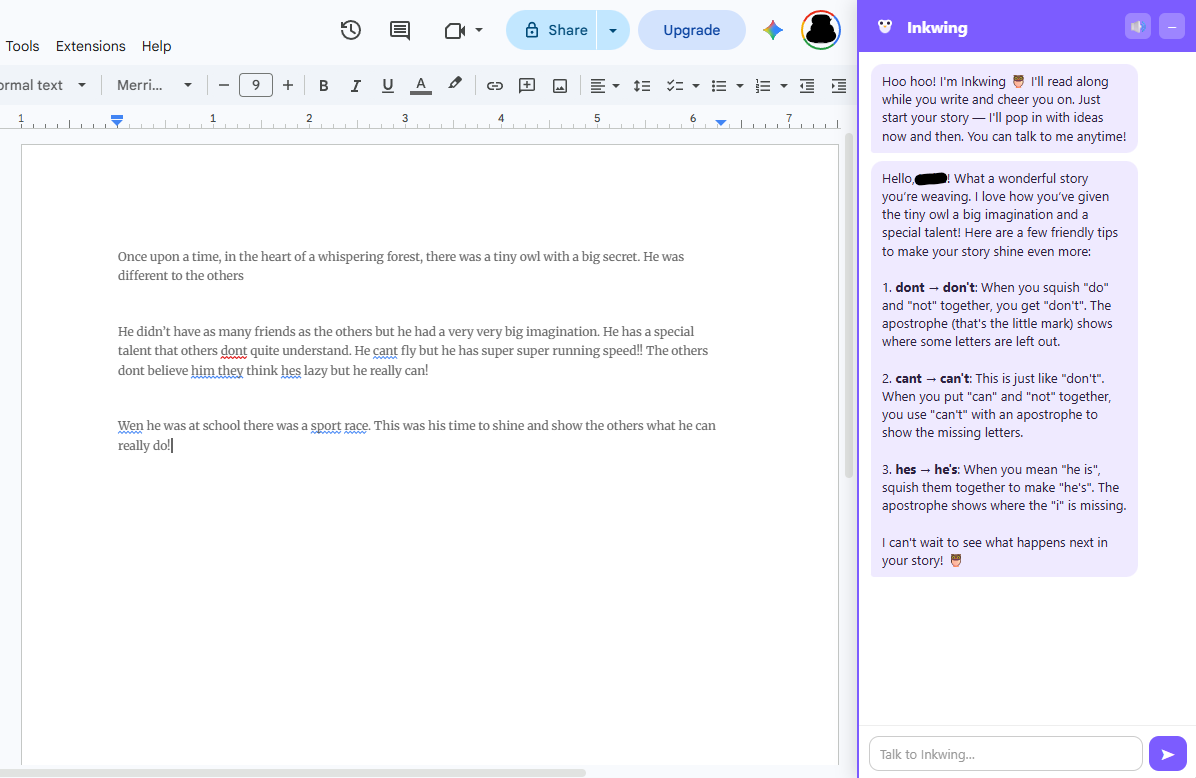 A young writer's story open in Google Docs with the Inkwing sidebar giving gentle, encouraging spelling tips like 'cant → can't'.