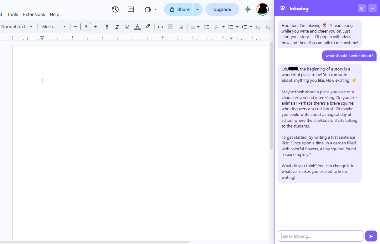 The Inkwing sidebar answering a child's question 'what should I write about?' with warm story ideas and a first sentence to try.